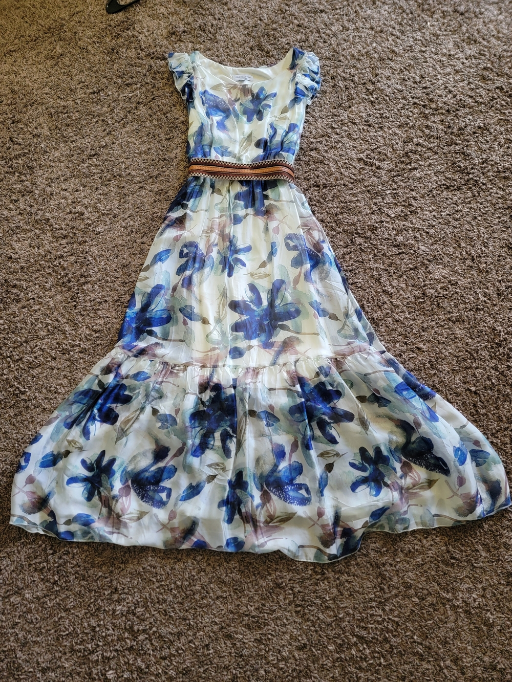 Blue Floral Ruffle Hem Maxi Dress